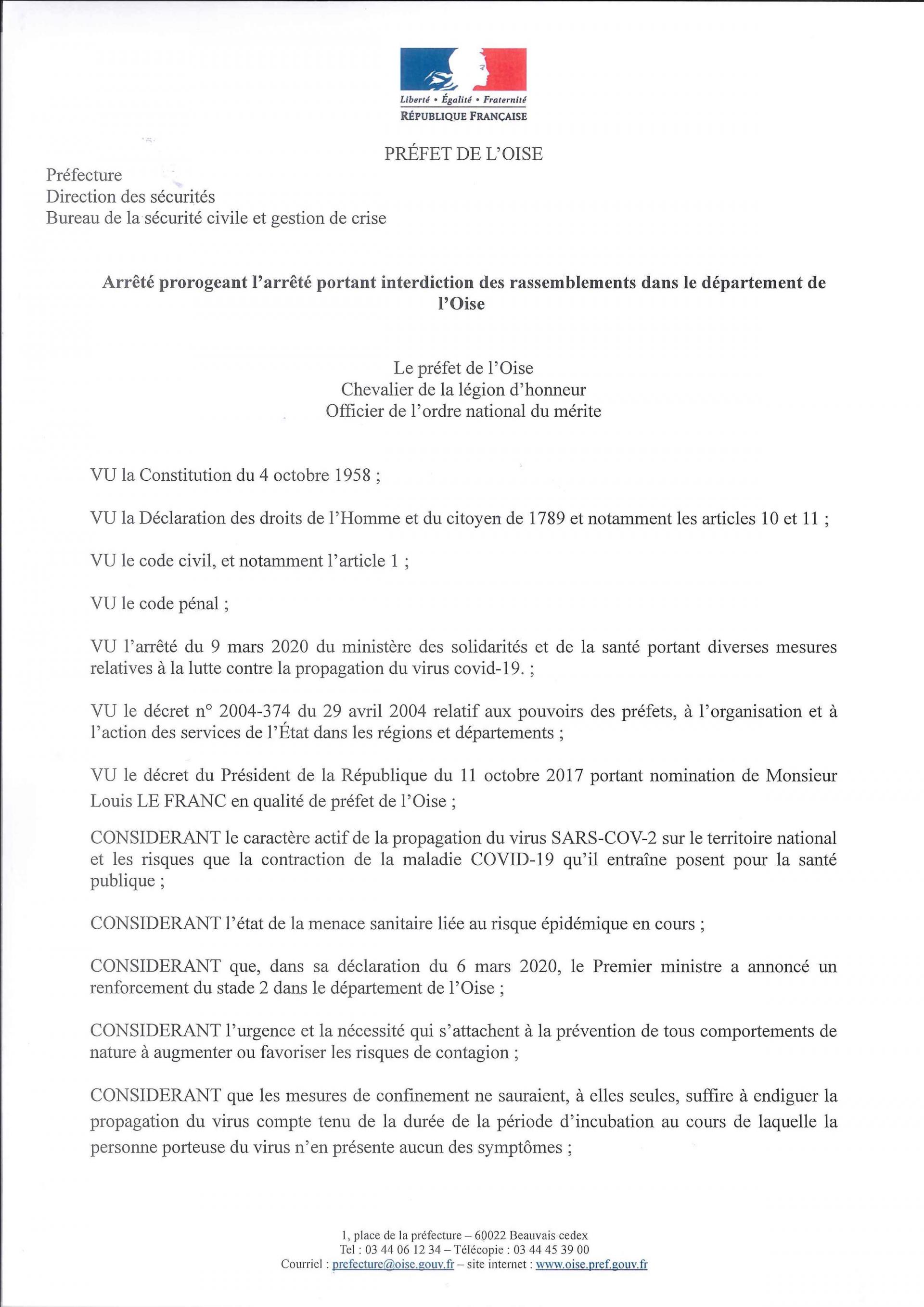 Arrêté préfectoral du 11 mars 2020 prorogeant l'arrêté portant interdiction des rassemblements dans le département de l'Oise, du dimanche 15 mars 2020 au mardi 31 mars 2020.
