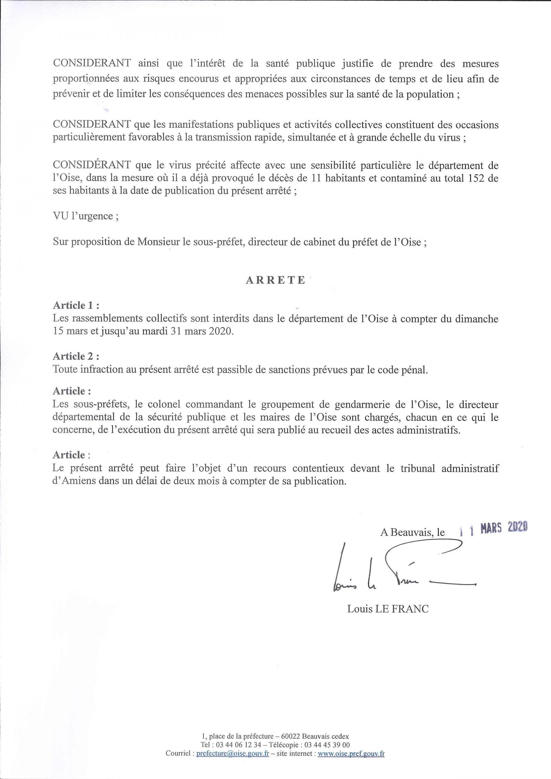 Arrêté préfectoral du 11 mars 2020 prorogeant l'arrêté portant interdiction des rassemblements dans le département de l'Oise, du dimanche 15 mars 2020 au mardi 31 mars 2020.